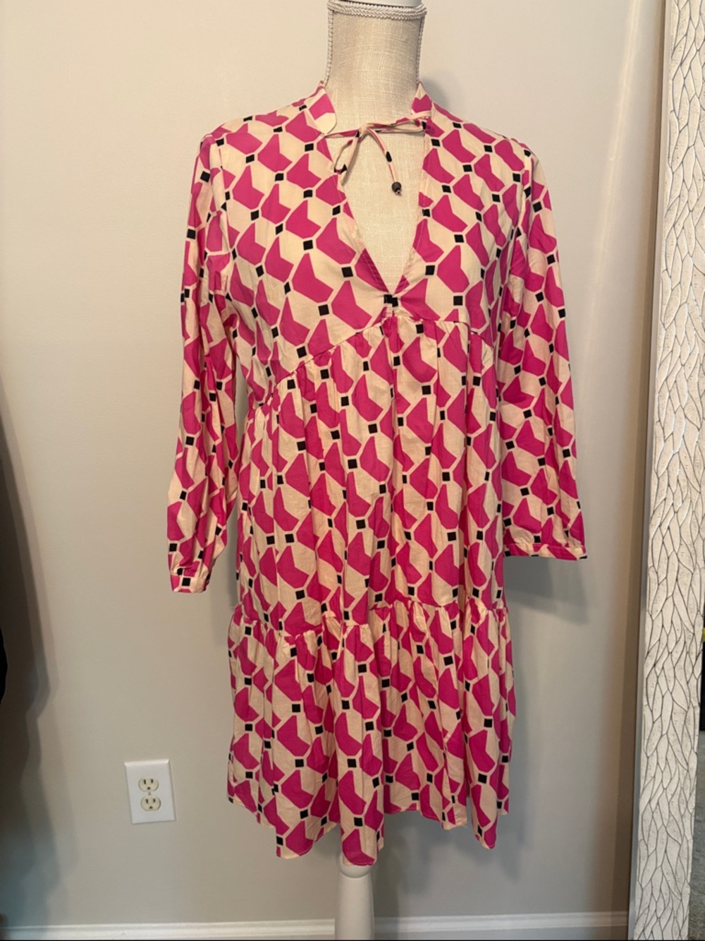 Zara Pink and Cream Geometric Print Tiered Dress